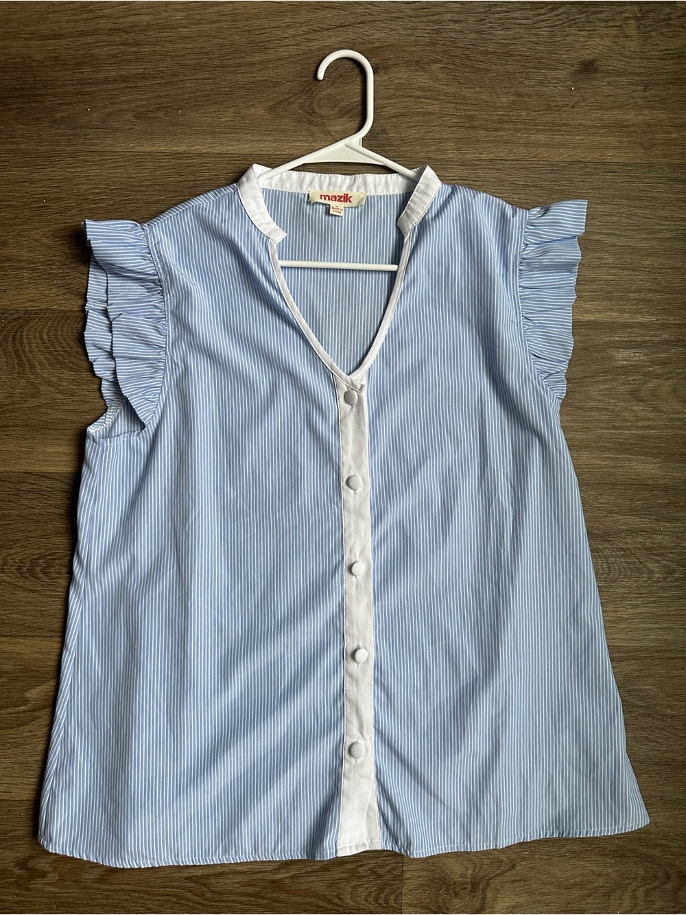Mazik Blue Striped Button Front Ruffle Shoulder Blouse Contrast Trim L